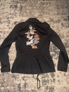 Lucky Brand Black Utility Jacket with Embroidered Crane Motif